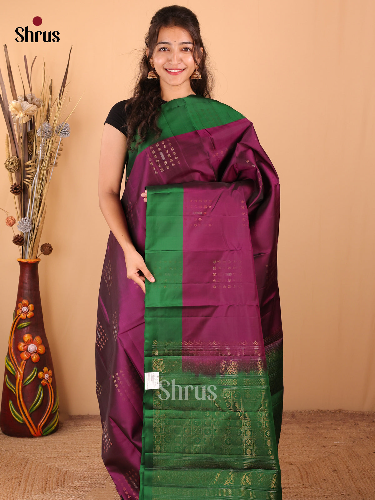 Purple with Green - DDS15185 - Softsilk-halfpure Saree - Shop on Shrus.com