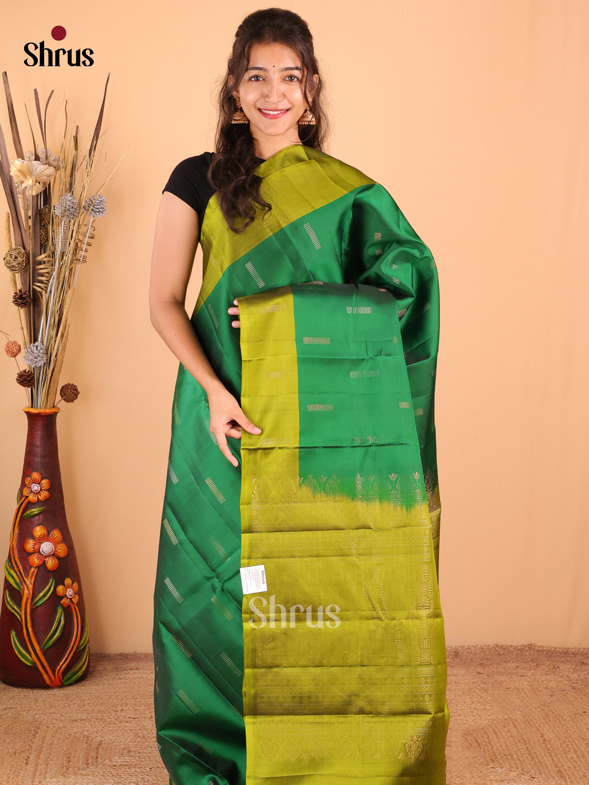 Green with Mehandi - DDS15191 - Softsilk-halfpure Saree - Shop on Shrus.com