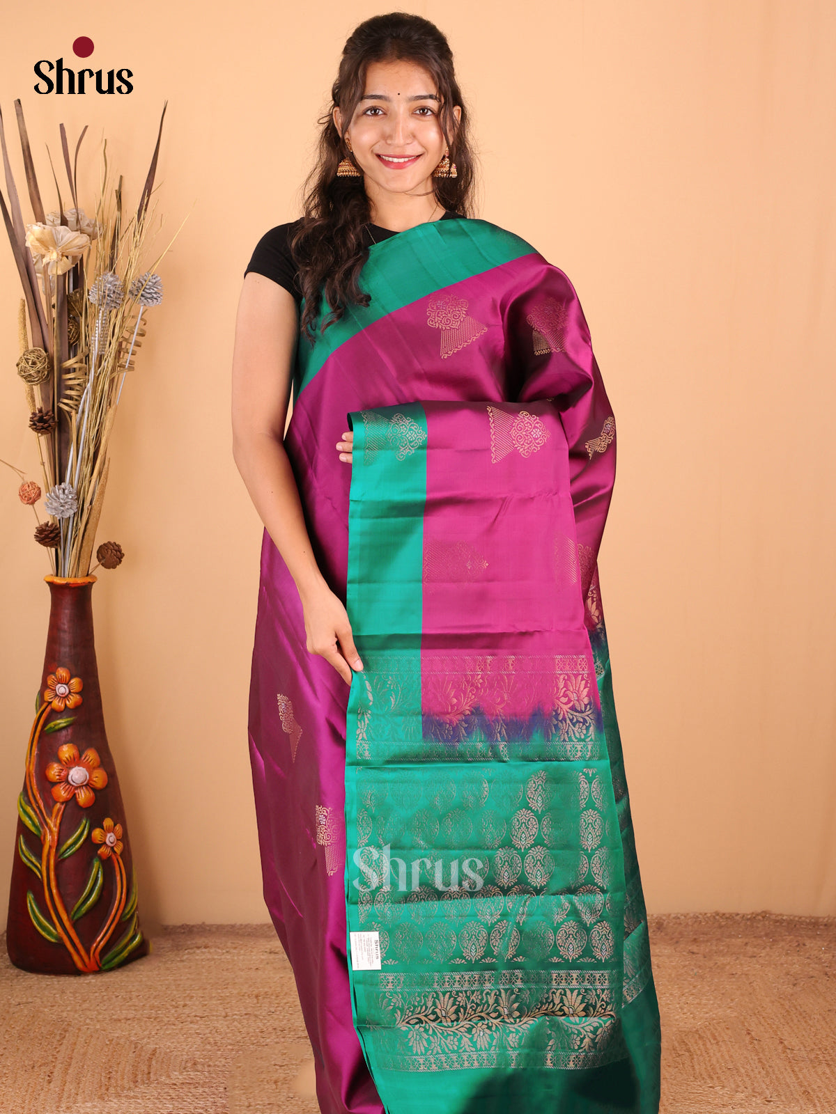 Purple with Green - DDS15192 - Softsilk-halfpure Saree - Shop on Shrus.com