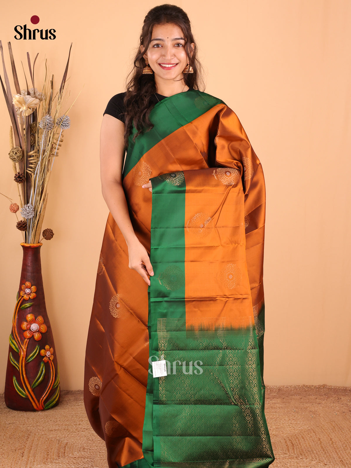 Rust with Green - DDS15193 - Softsilk-halfpure Saree - Shop on Shrus.com