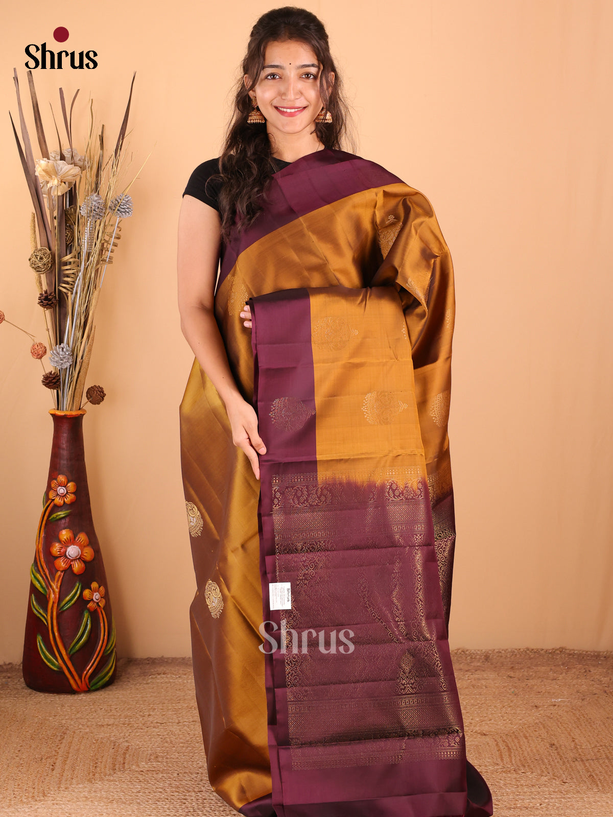 Mustard with Maroon - DDS15194 - Softsilk-halfpure Saree - Shop on Shrus.com
