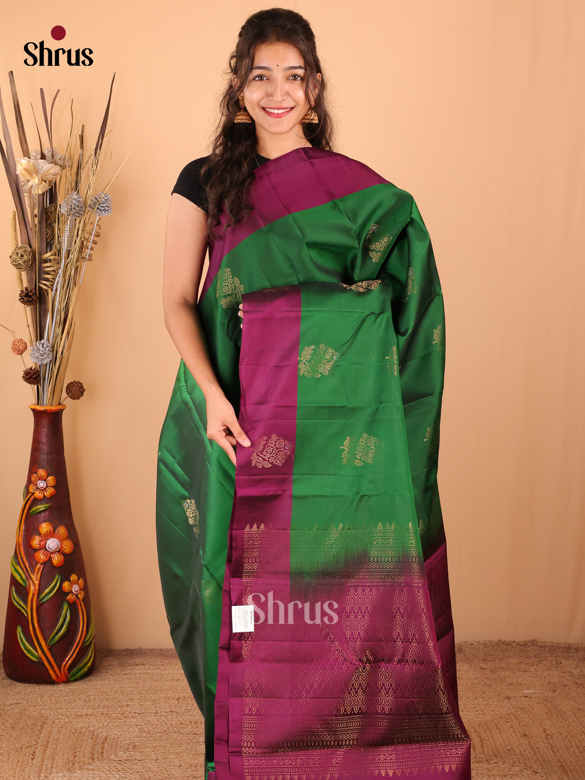 Green with Wine - DDS15196 - Softsilk-halfpure Saree - Shop on Shrus.com