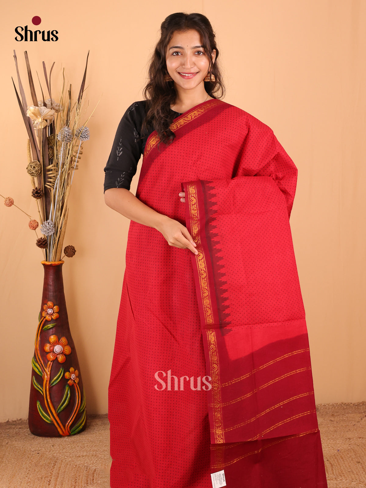 Red with Maroon - DDS15200 - Sungudi Cotton Saree - Shop on Shrus.com