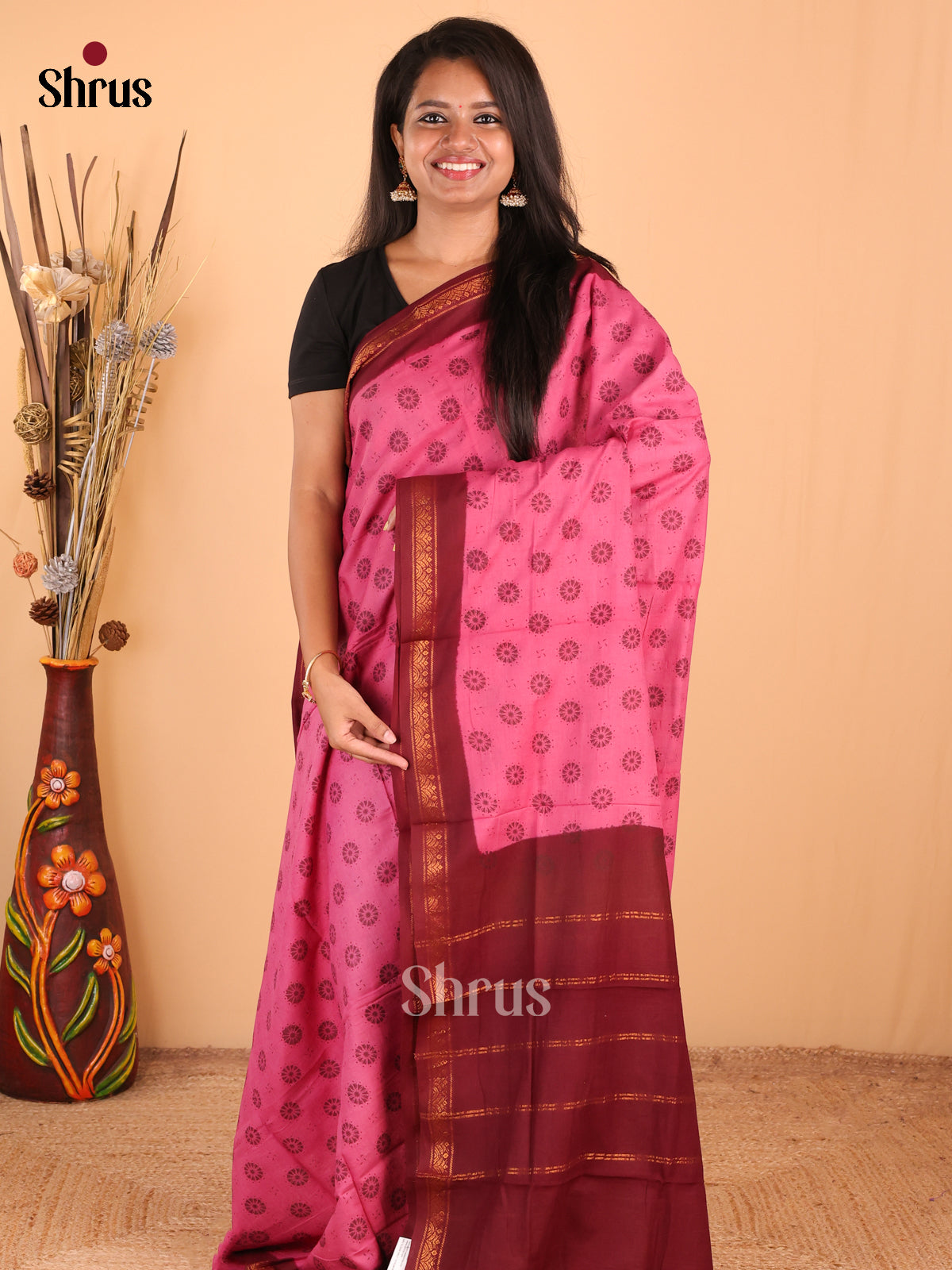 Pink with Maroon - DDS15207 - Sungudi Cotton Saree - Shop on Shrus.com
