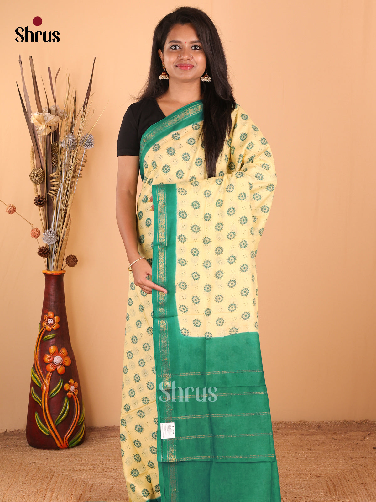 Lite Yellow with Green - DDS15215 - Sungudi Cotton Saree - Shop on Shrus.com