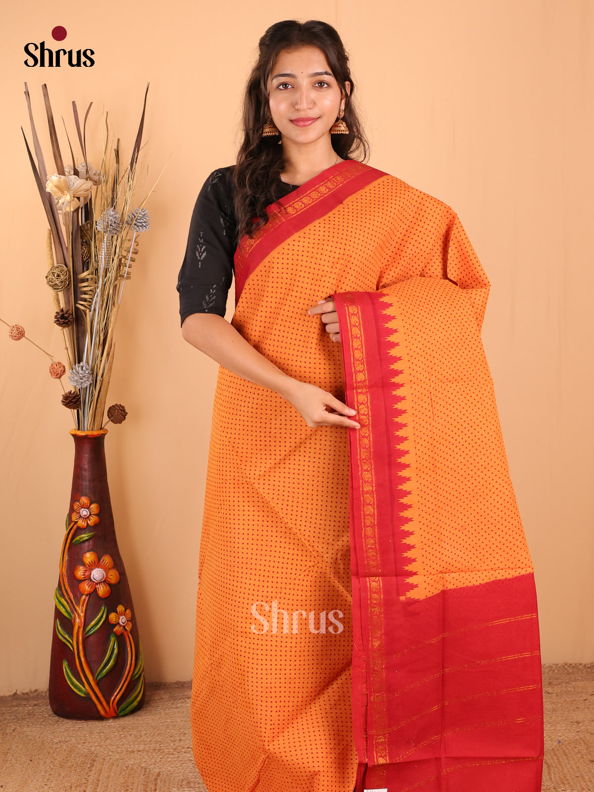 Mustard with Red - DDS15217 - Sungudi Cotton Saree - Shop on Shrus.com