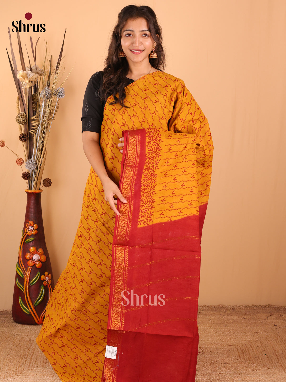 Mustard with Red - DDS15220 - Sungudi Cotton Saree - Shop on Shrus.com