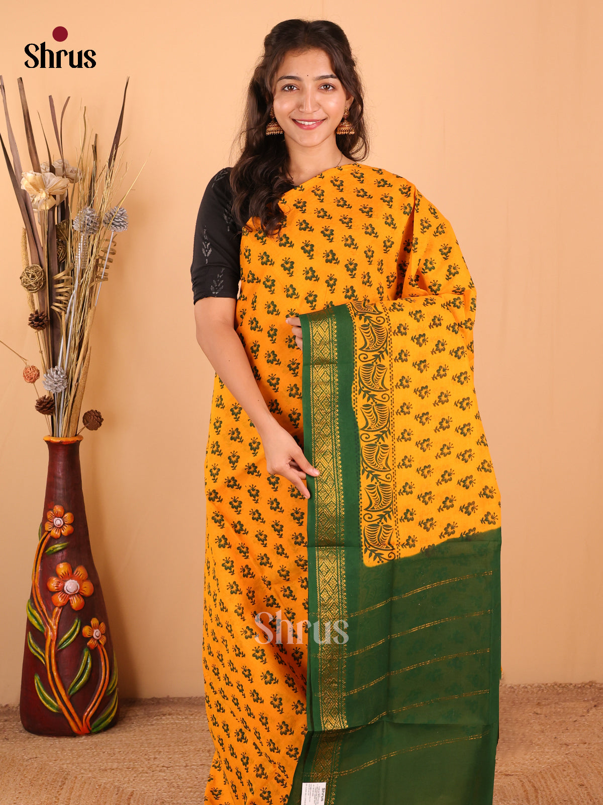 Mustard with Green - DDS15222 - Sungudi Cotton Saree - Shop on Shrus.com