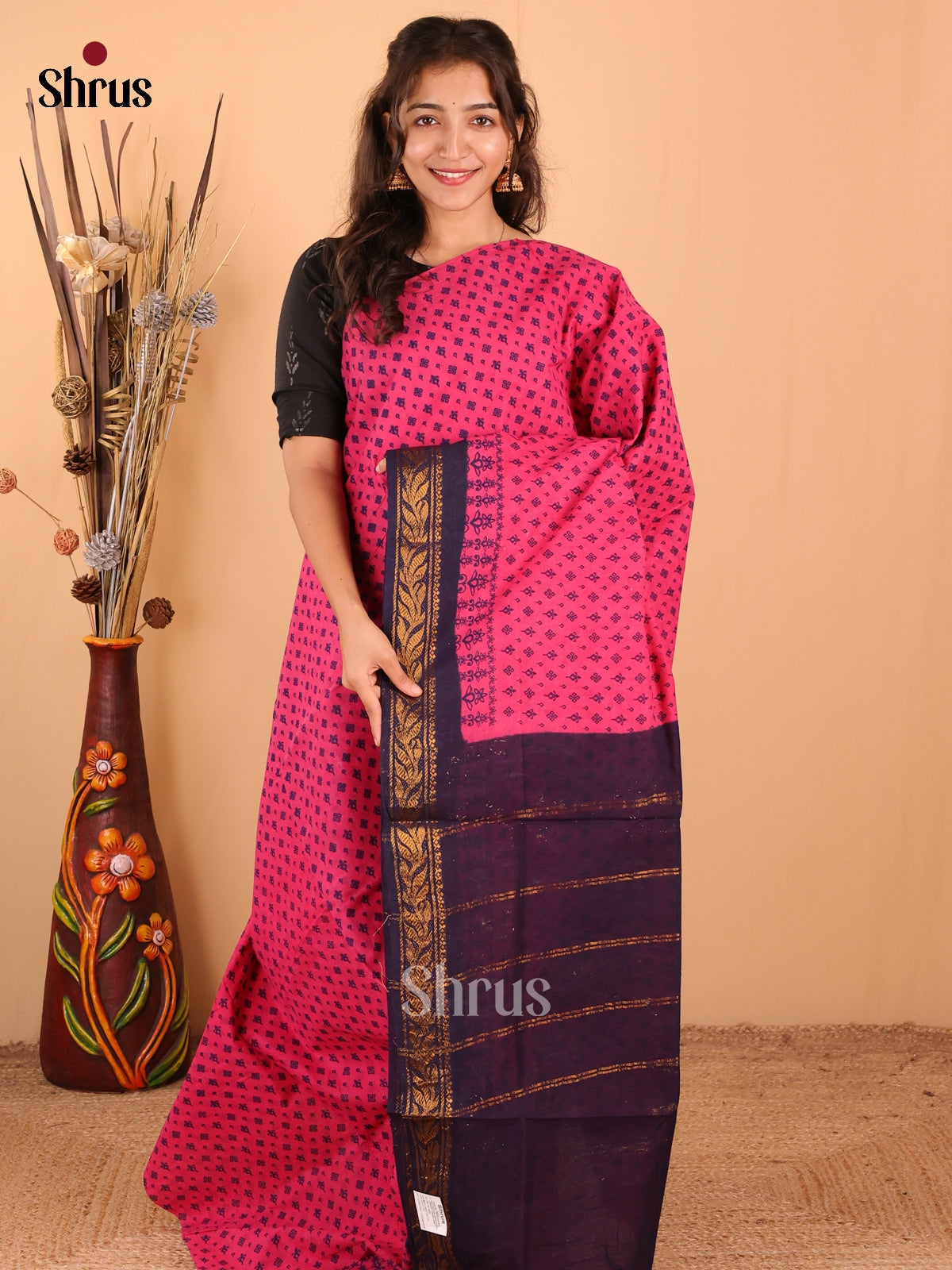 Pink with Violet - DDS15234 - Sungudi Cotton Saree - Shop on Shrus.com