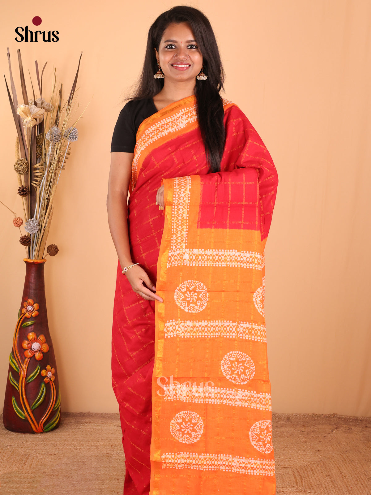 Red with Orange - DDS15239 - Sungudi Cotton Saree - Shop on Shrus.com