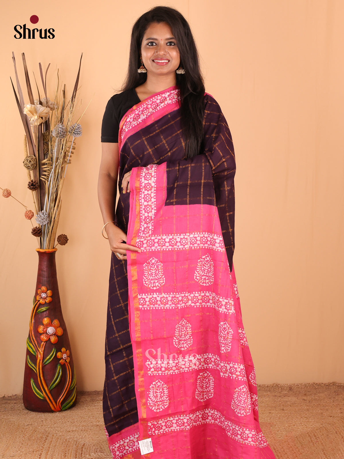 Brown with Pink - DDS15242 - Sungudi Cotton Saree - Shop on Shrus.com