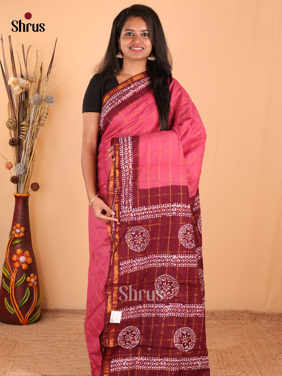Pink with Maroon - DDS15247 - Sungudi Cotton Saree - Shop on Shrus.com