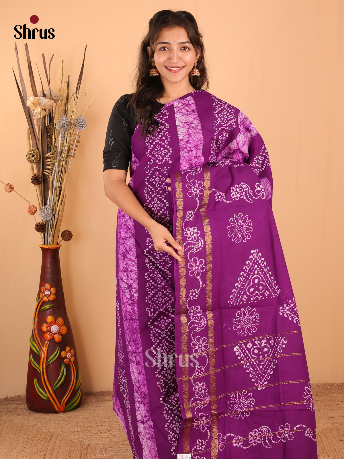 Purple - DDS15258 - Sungudi Cotton Saree - Shop on Shrus.com