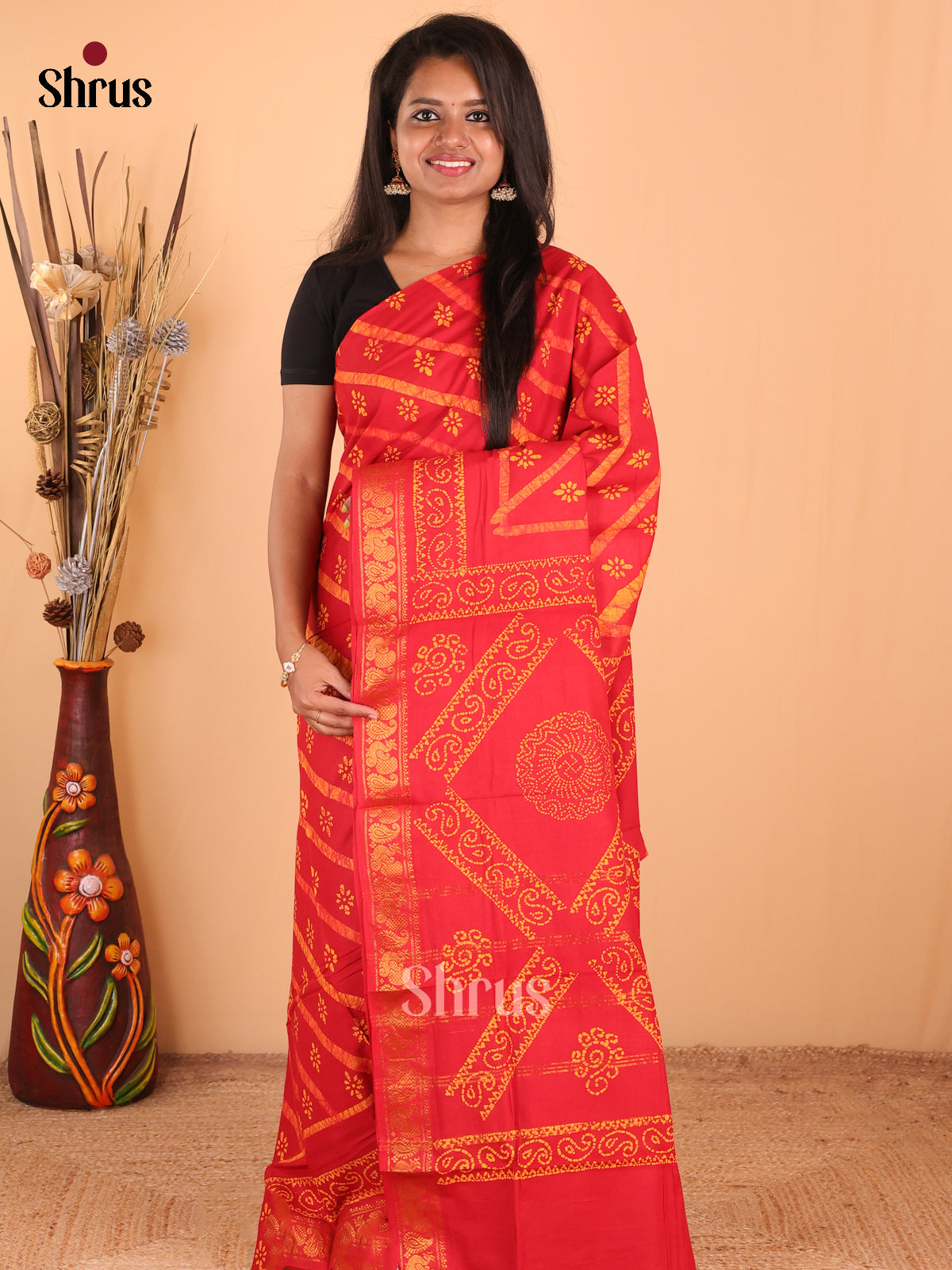 Red - DDS15263 - Sungudi Cotton Saree - Shop on Shrus.com