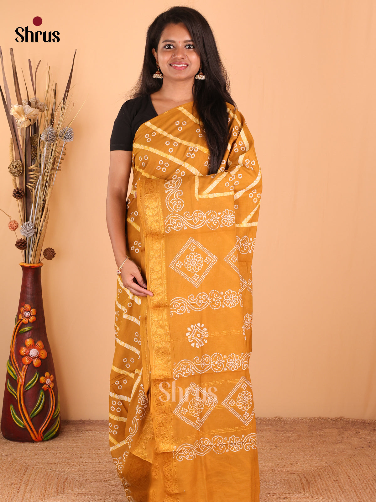 Mustard - DDS15268 - Sungudi Cotton Saree - Shop on Shrus.com