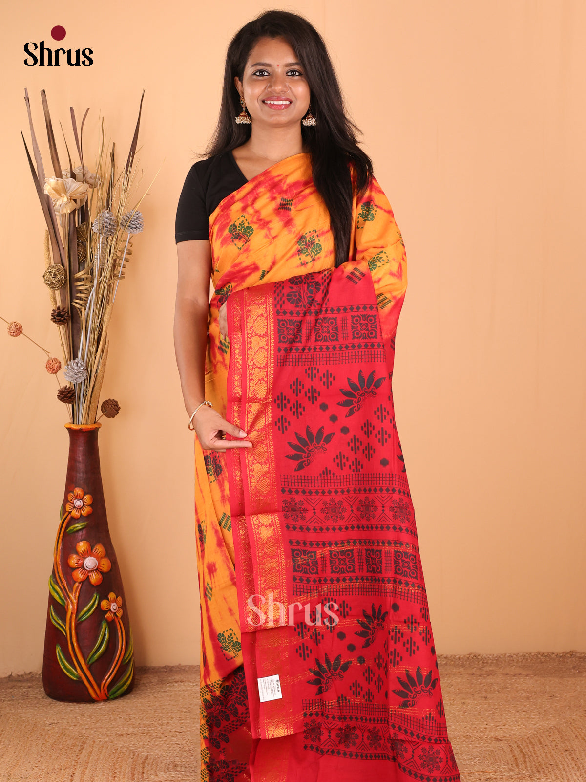 Mustard with Red - DDS15269 - Sungudi Cotton Saree - Shop on Shrus.com