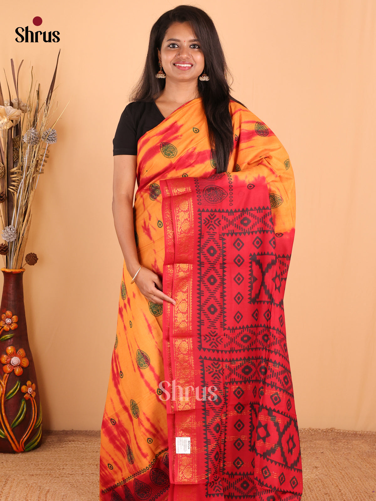 Mustard with Red - DDS15270 - Sungudi Cotton Saree - Shop on Shrus.com
