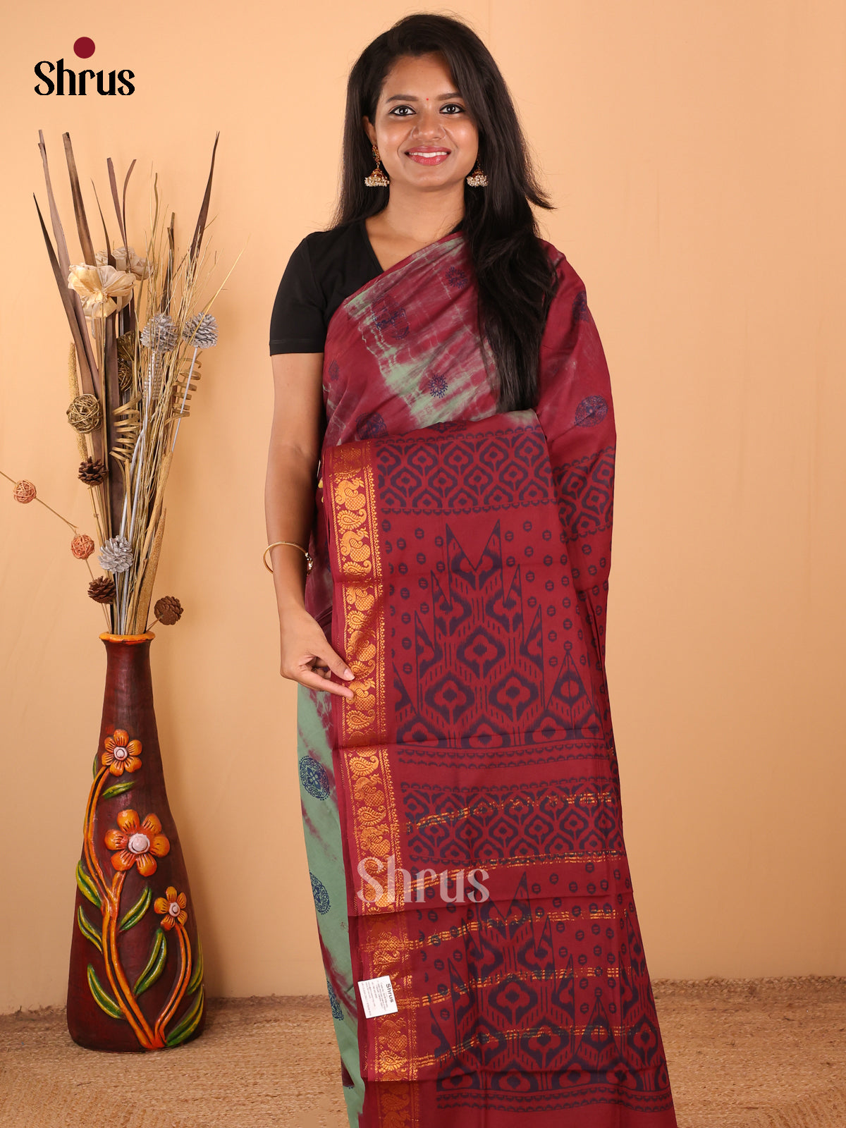 Green with Maroon - DDS15274 - Sungudi Cotton Saree - Shop on Shrus.com