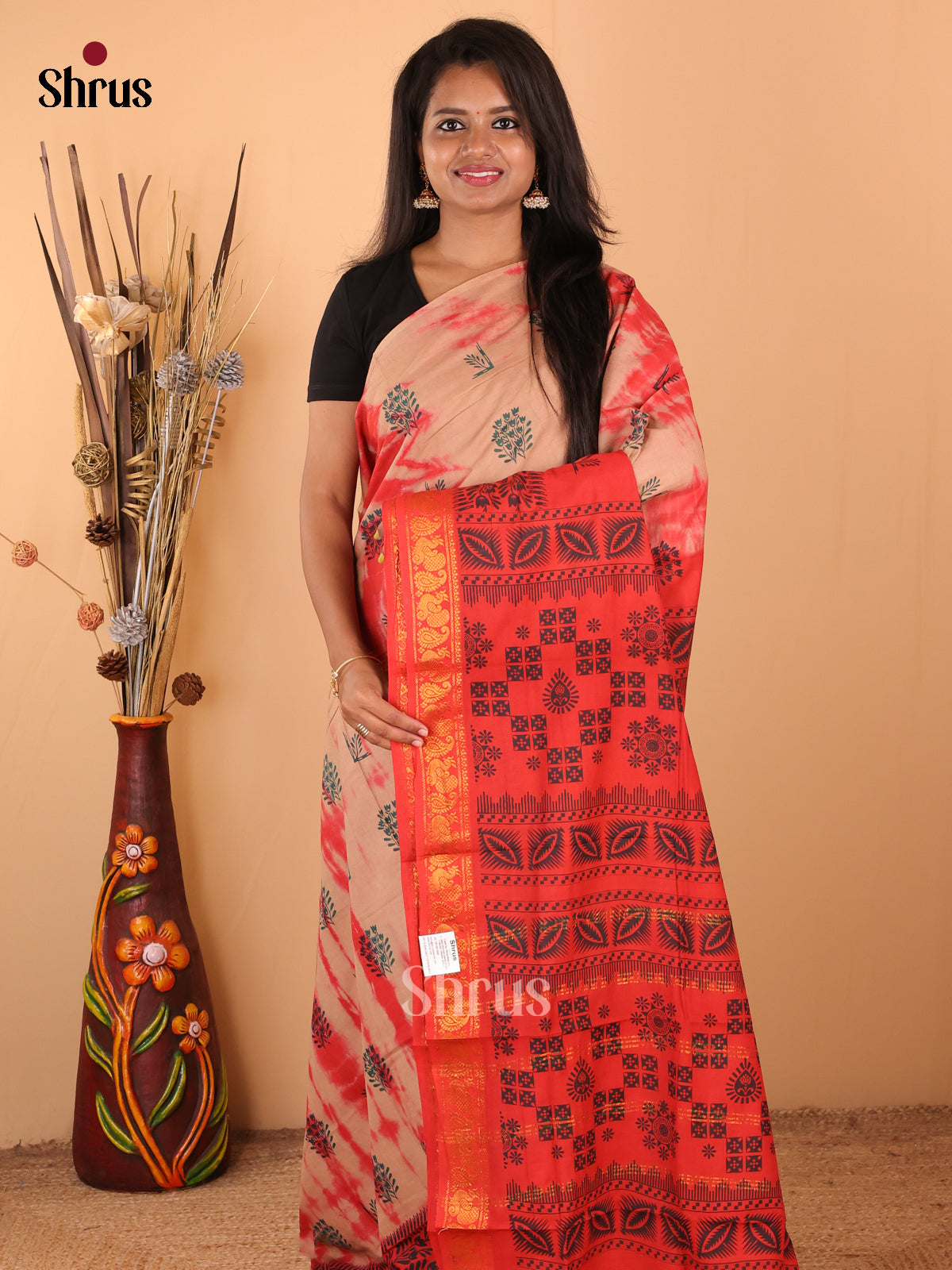 Peach with Orange - DDS15278 - Sungudi Cotton Saree - Shop on Shrus.com