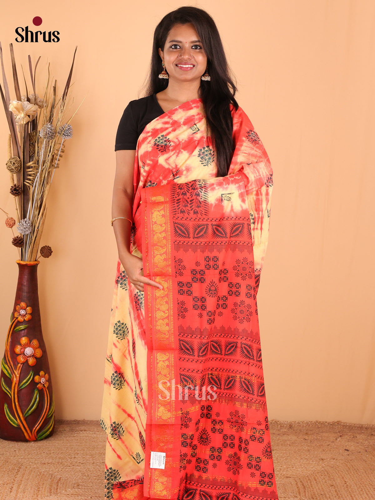 Lemon Yellow with Red - DDS15279 - Sungudi Cotton Saree - Shop on Shrus.com