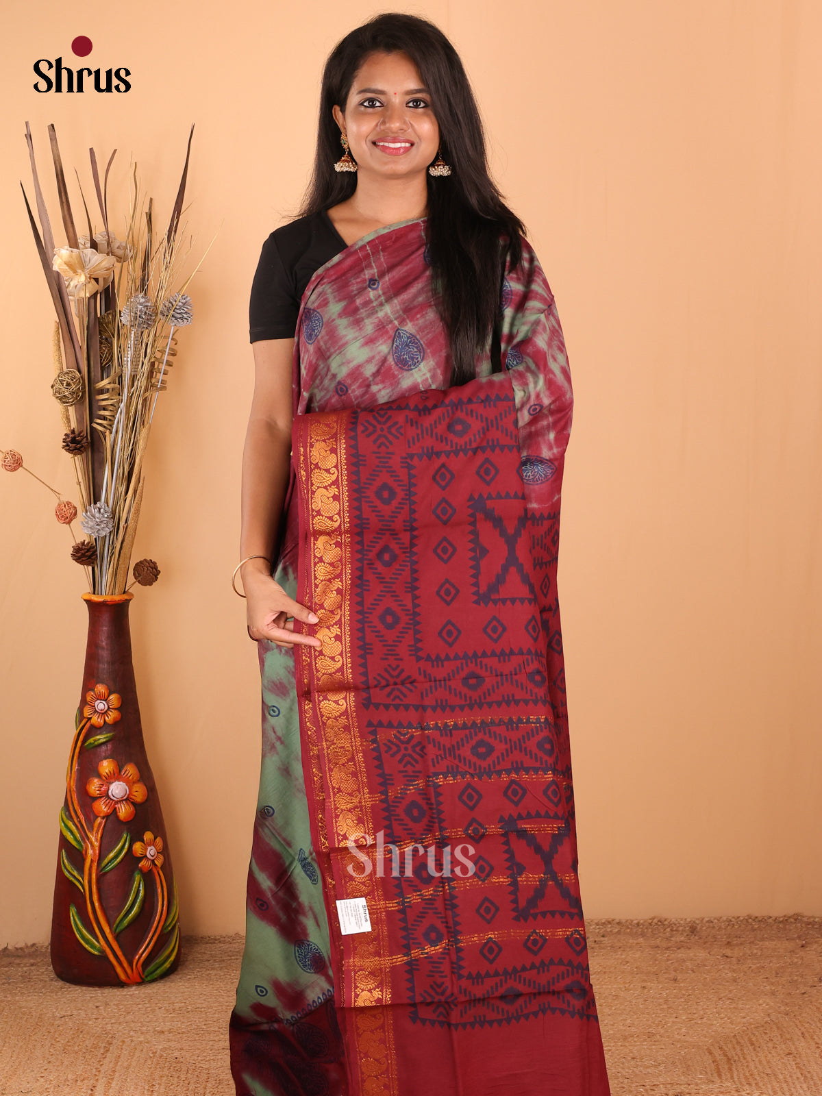 Green with Maroon - DDS15280 - Sungudi Cotton Saree - Shop on Shrus.com