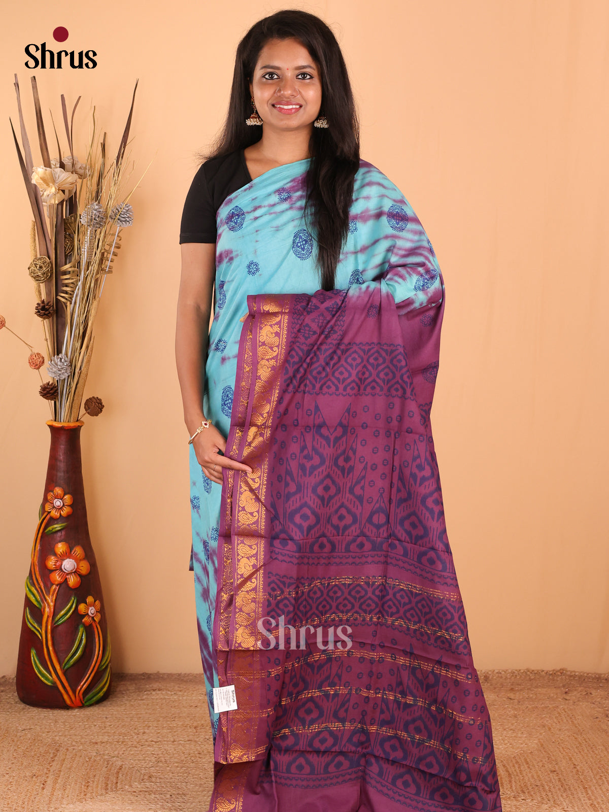 Blue with Purple - DDS15281 - Sungudi Cotton Saree - Shop on Shrus.com