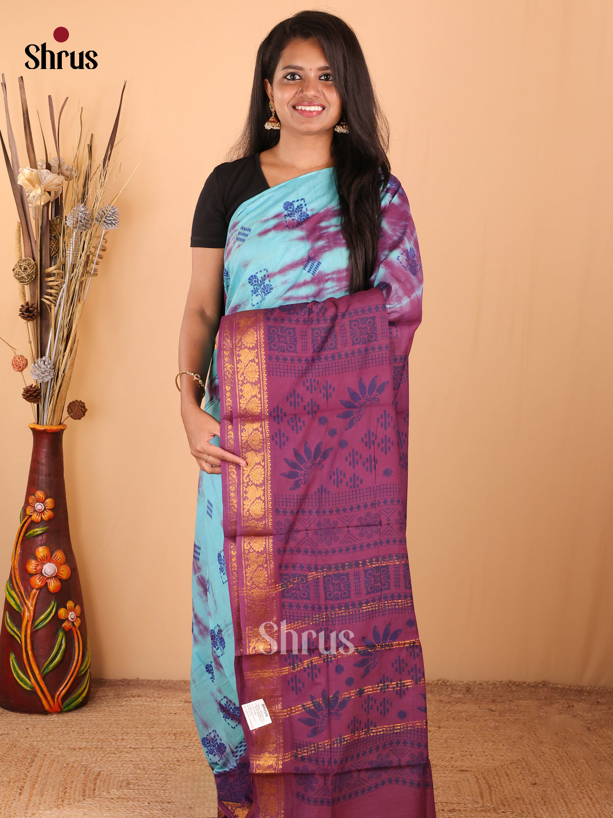 Blue with Majenta - DDS15282 - Sungudi Cotton Saree - Shop on Shrus.com
