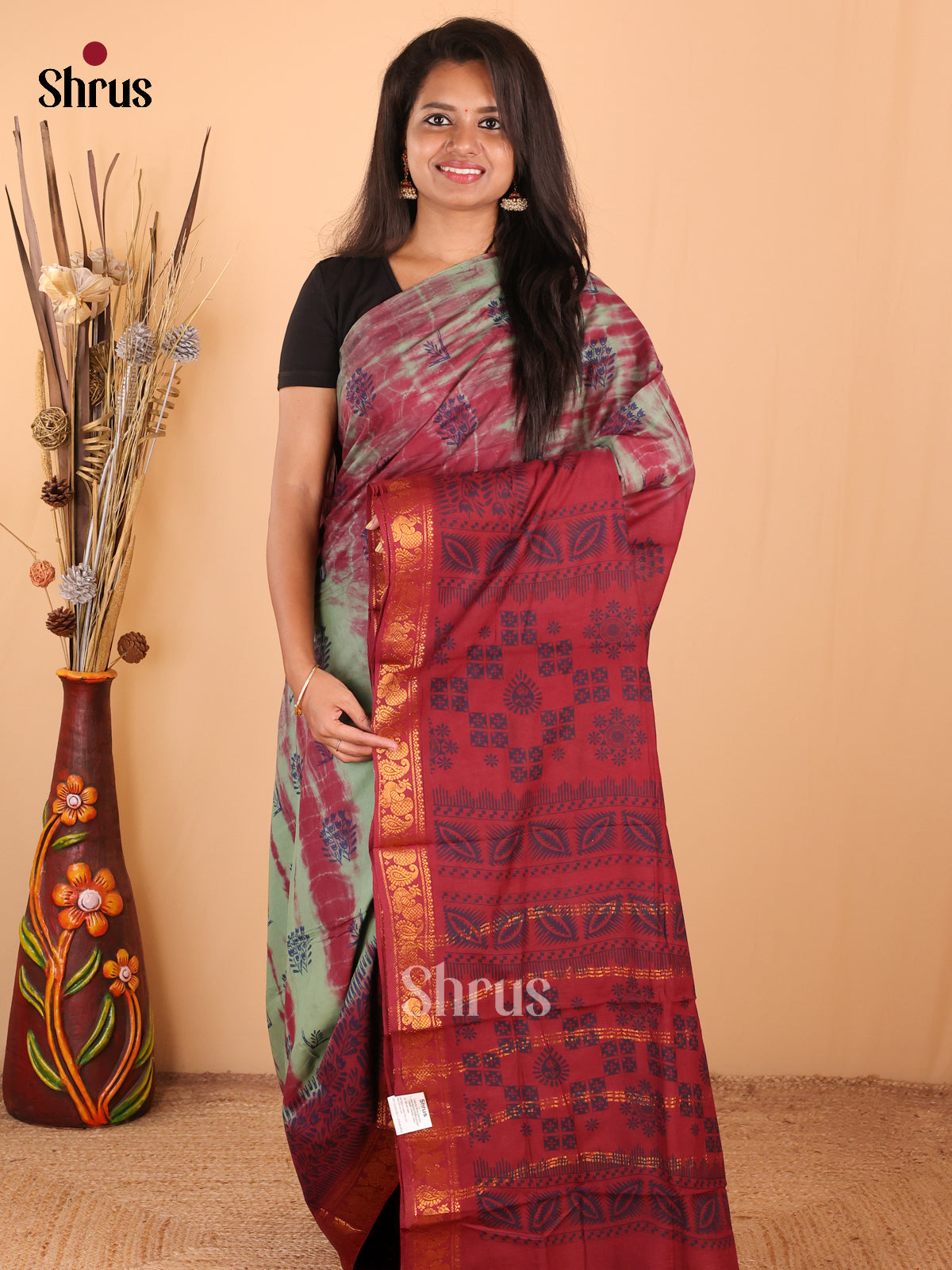 Pastel Green with Maroon - DDS15286 - Sungudi Cotton Saree - Shop on Shrus.com
