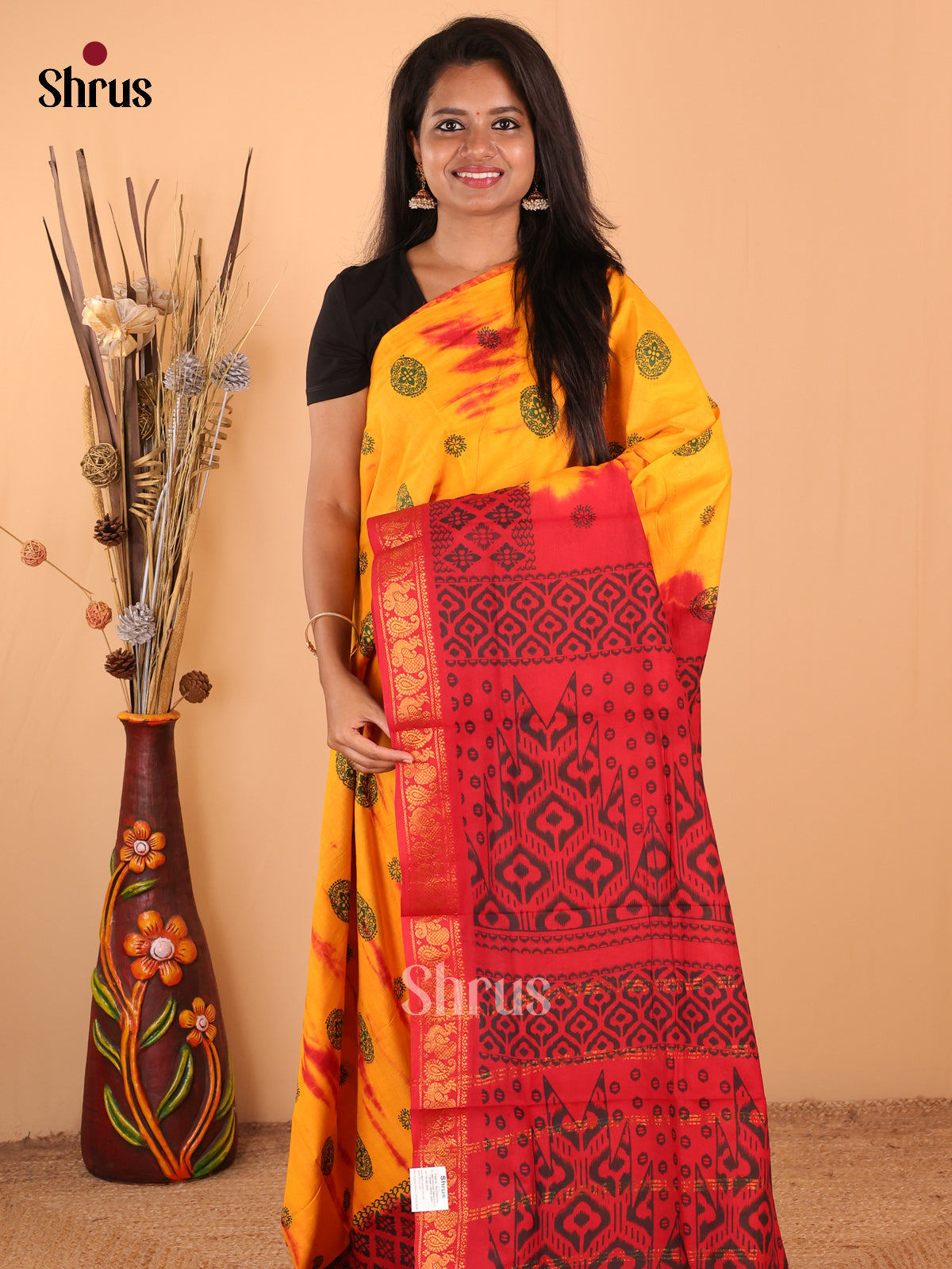 Yellow with Red - DDS15287 - Sungudi Cotton Saree - Shop on Shrus.com
