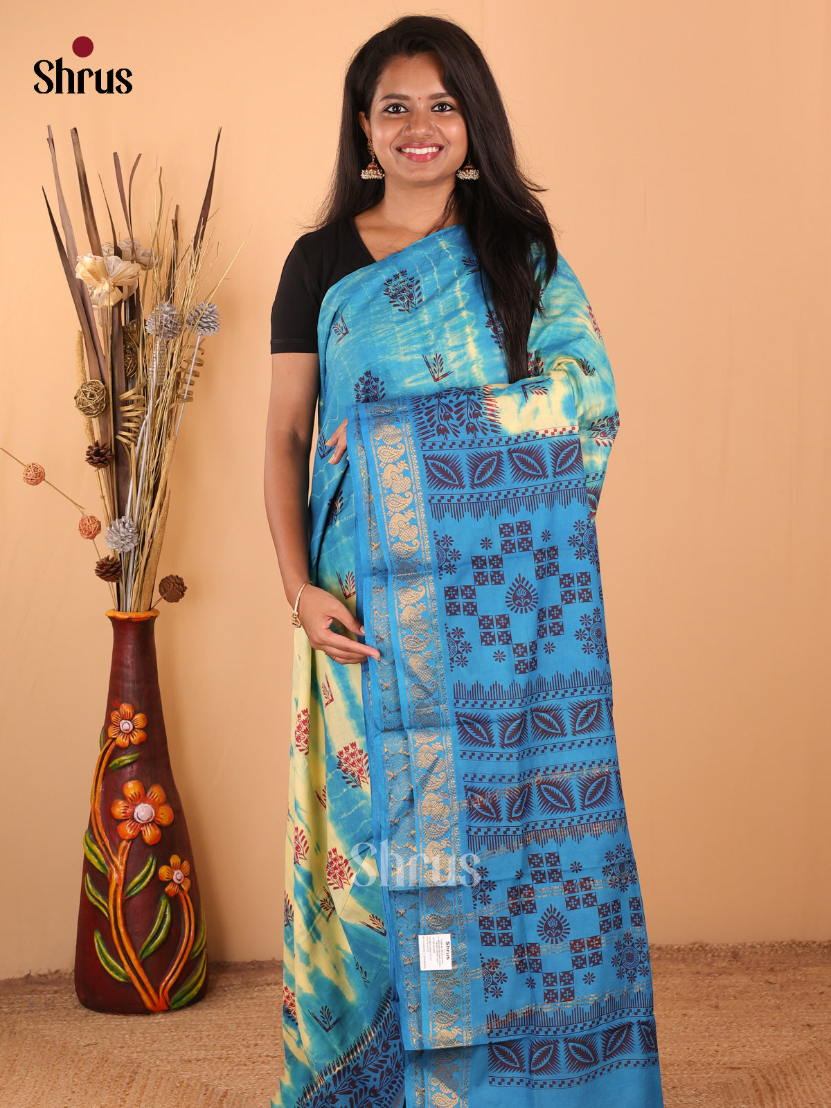 Yellow with Blue - DDS15288 - Sungudi Cotton Saree - Shop on Shrus.com