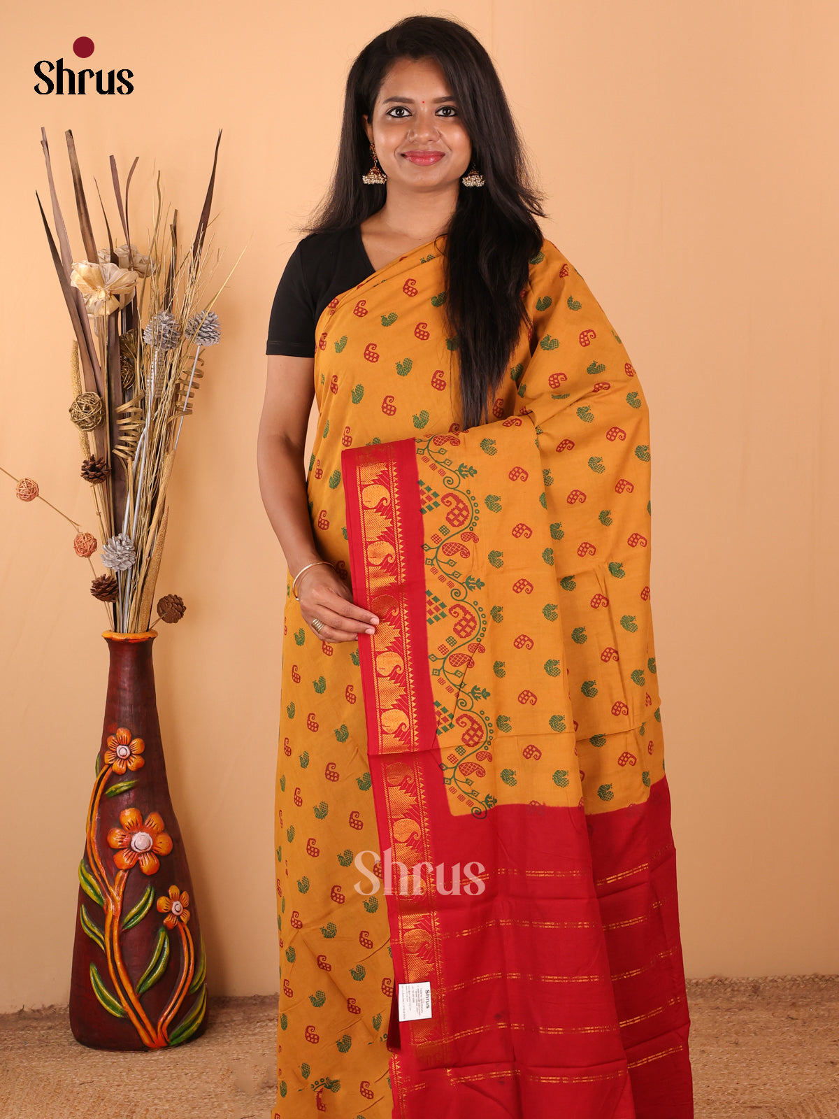 Mustard with Red - DDS15289 - Sungudi Cotton Saree - Shop on Shrus.com