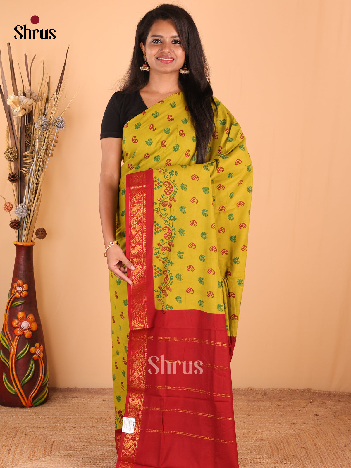 Lime Green with Red - DDS15291 - Sungudi Cotton Saree - Shop on Shrus.com