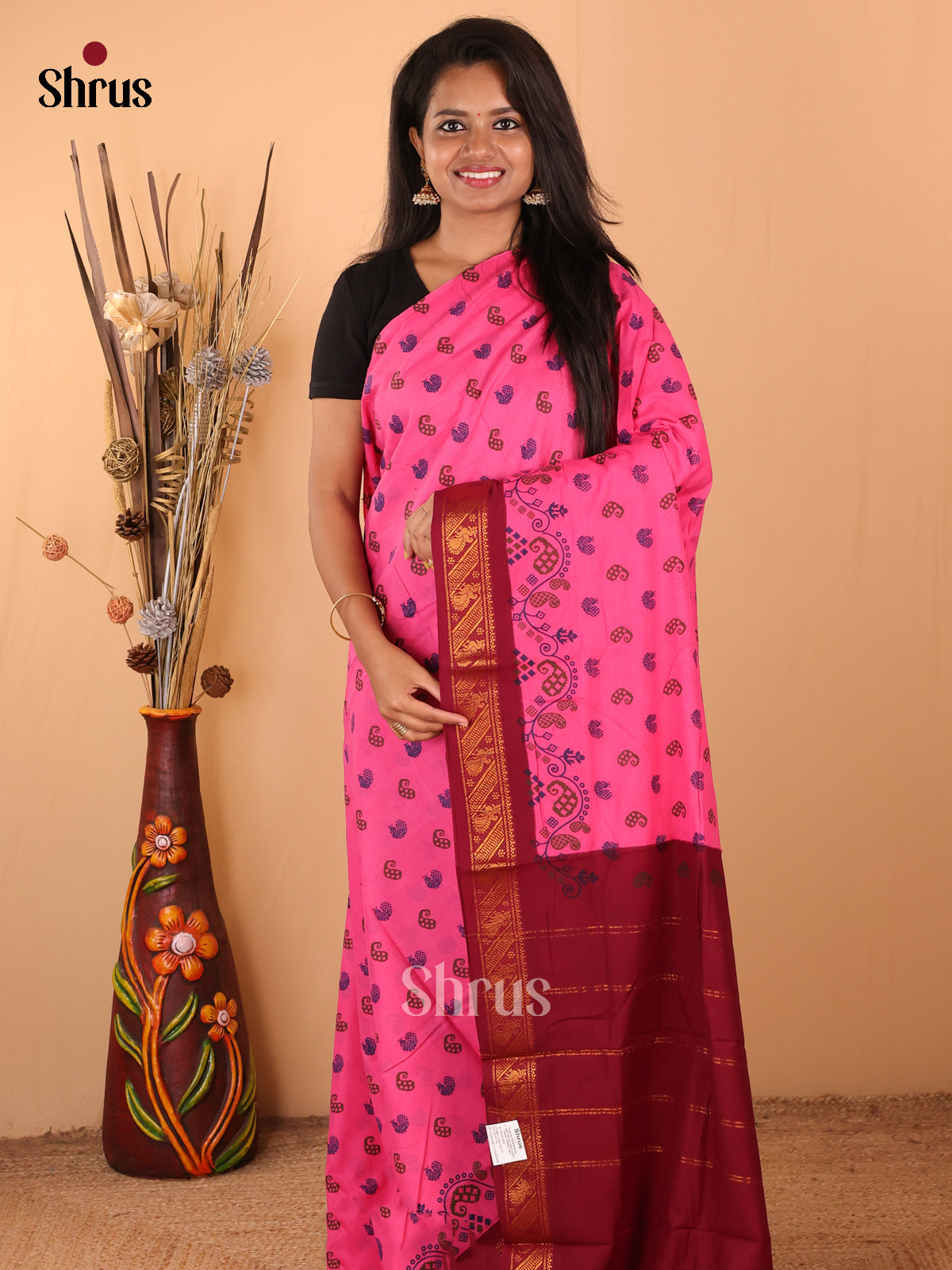 Pink with Maroon - DDS15293 - Sungudi Cotton Saree - Shop on Shrus.com