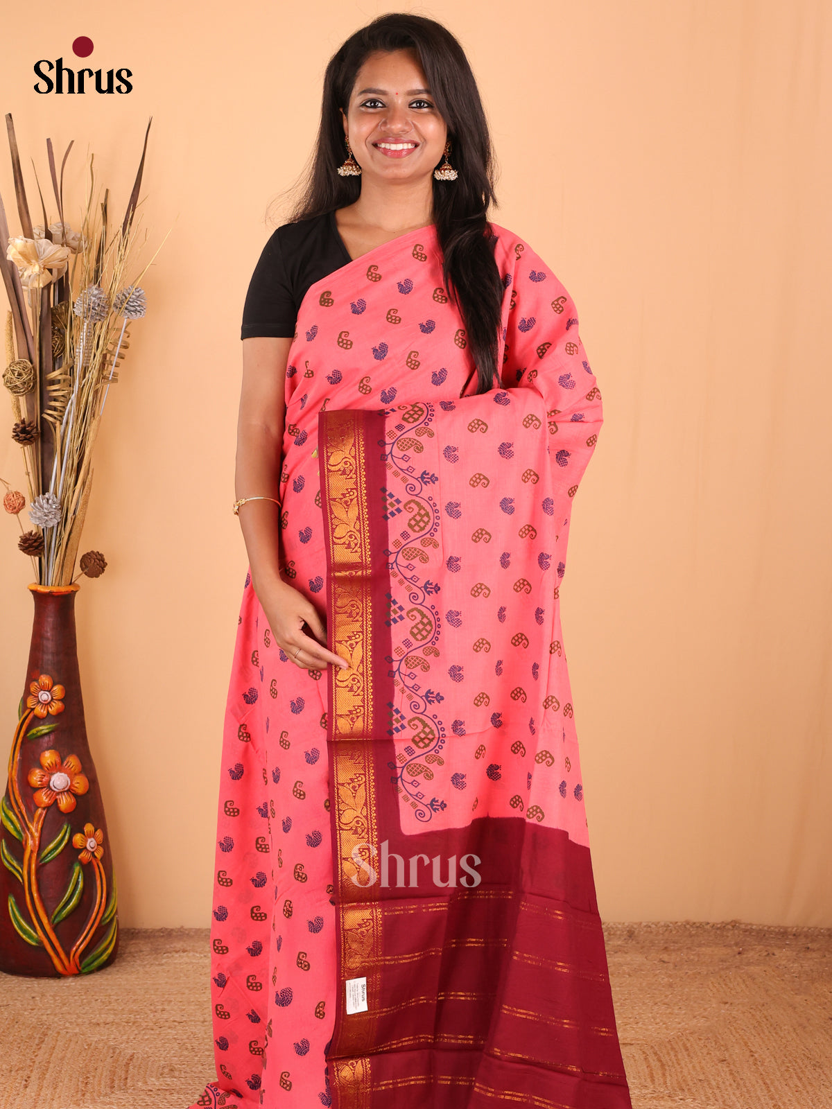Pink with Maroon - DDS15294 - Sungudi Cotton Saree - Shop on Shrus.com