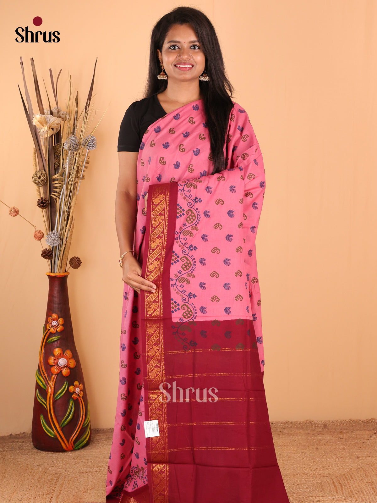 Pink with Maroon - DDS15295 - Sungudi Cotton Saree - Shop on Shrus.com