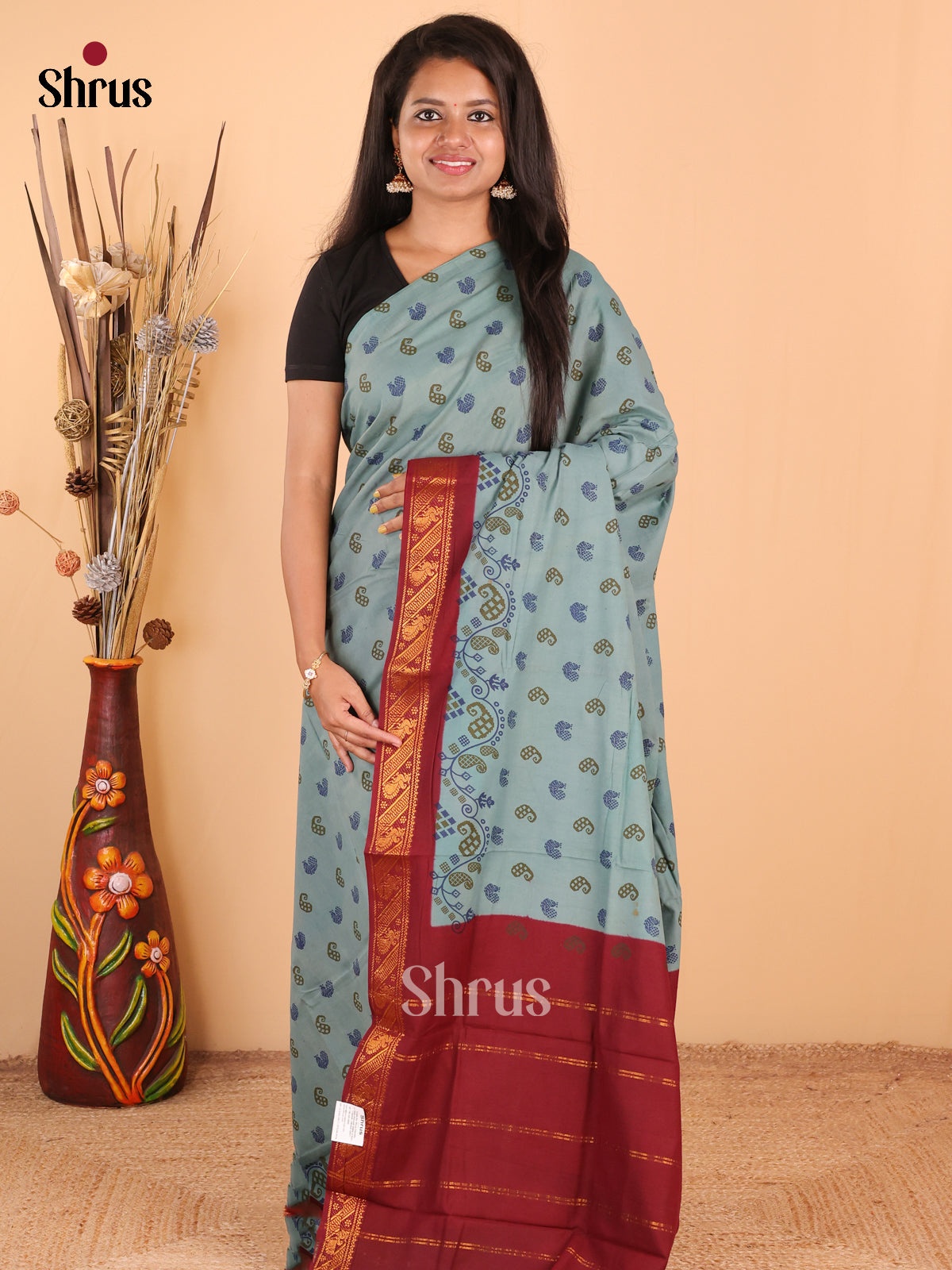 Pastel blue with Maroon - DDS15296 - Sungudi Cotton Saree - Shop on Shrus.com
