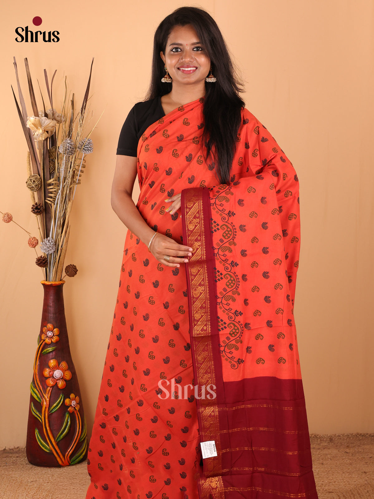 Orange with Maroon - DDS15297 - Sungudi Cotton Saree - Shop on Shrus.com