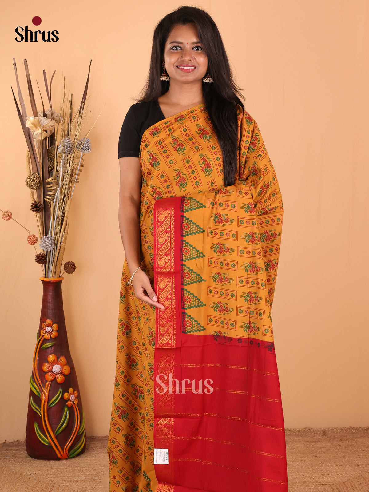 Mustard with Red - Sungudi Cotton Saree - Shop on Shrus.com