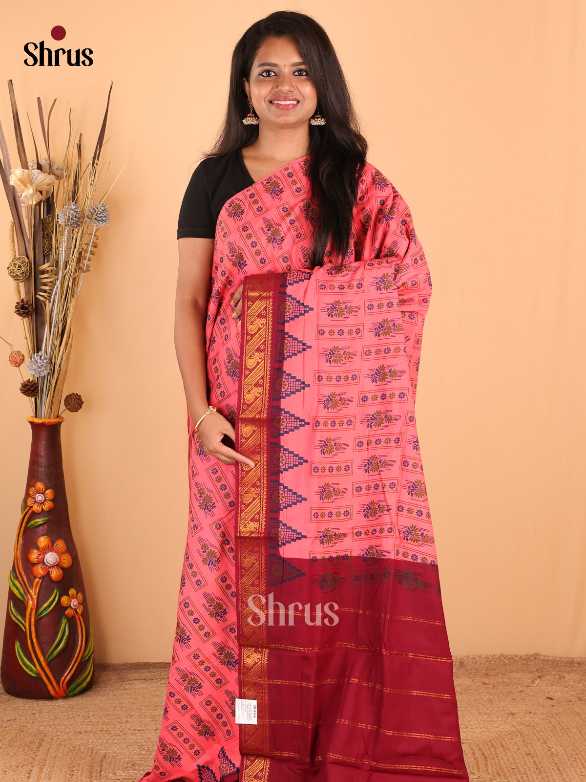 Pink with Red - DDS15302 - Sungudi Cotton Saree - Shop on Shrus.com