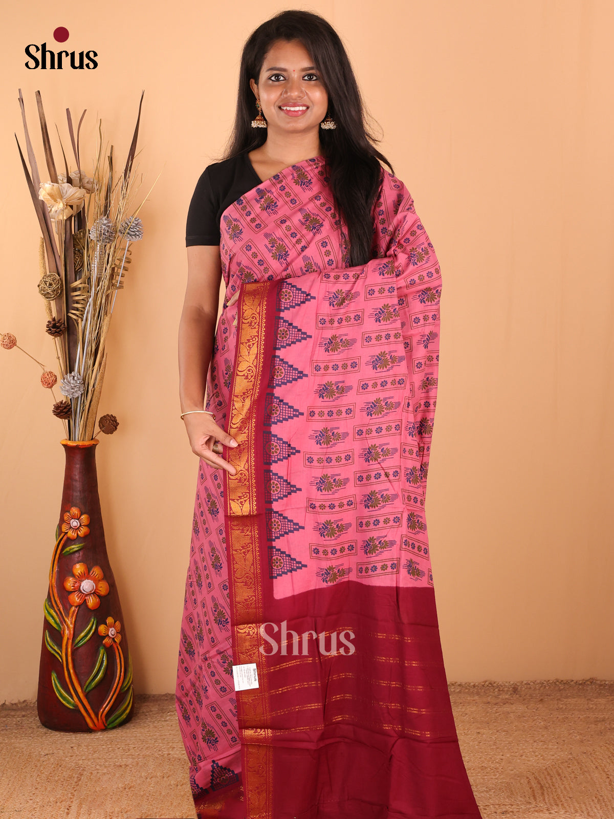 Pink with Red - DDS15303 - Sungudi Cotton Saree - Shop on Shrus.com