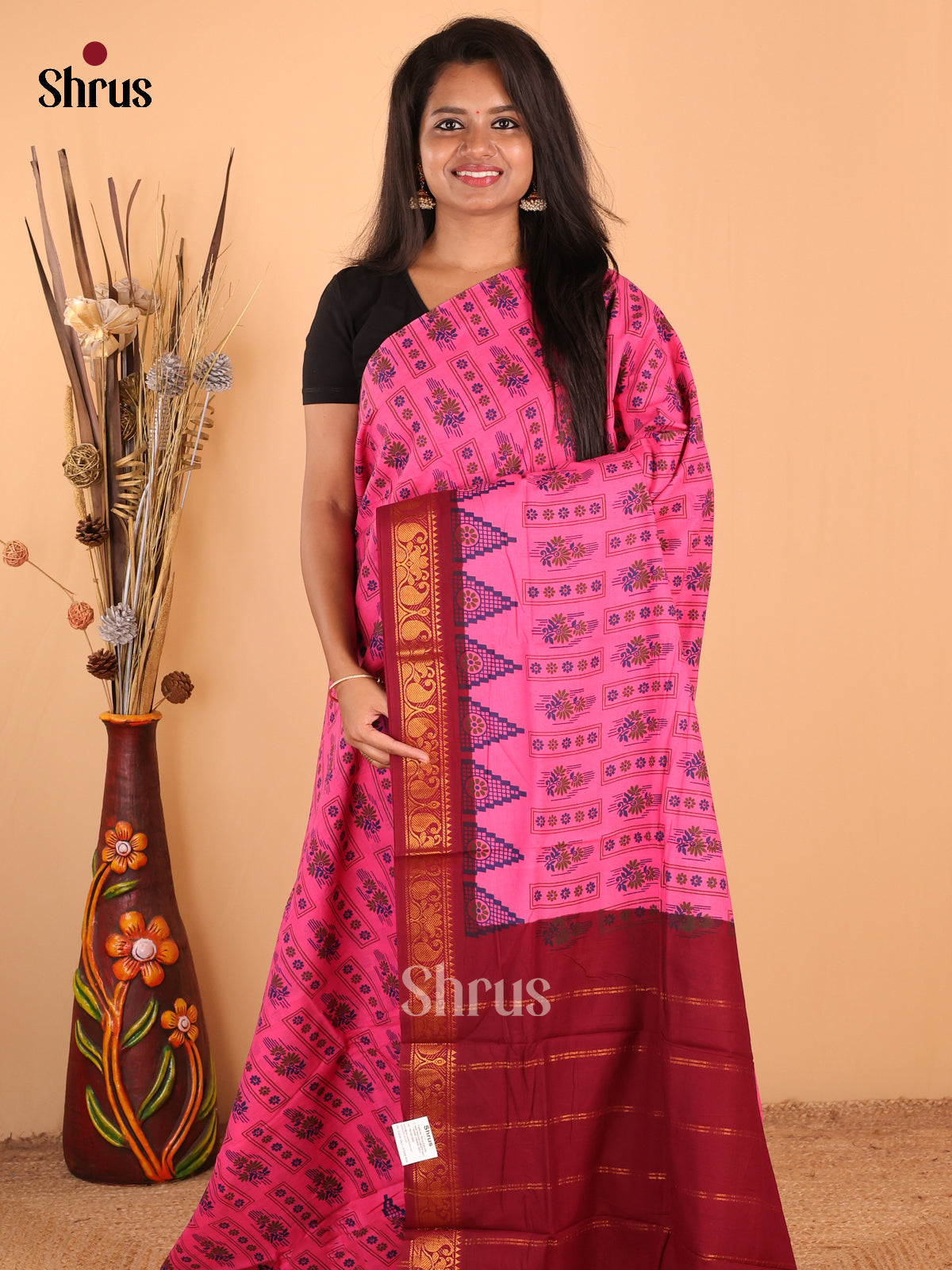 Pink with Maroon - DDS15304 - Sungudi Cotton Saree - Shop on Shrus.com