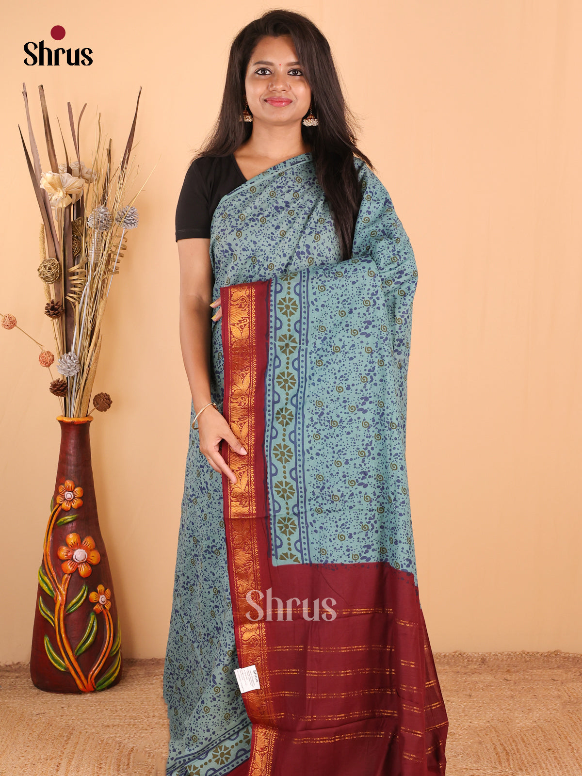 Blue with Maroon - DDS15307 - Sungudi Cotton Saree - Shop on Shrus.com
