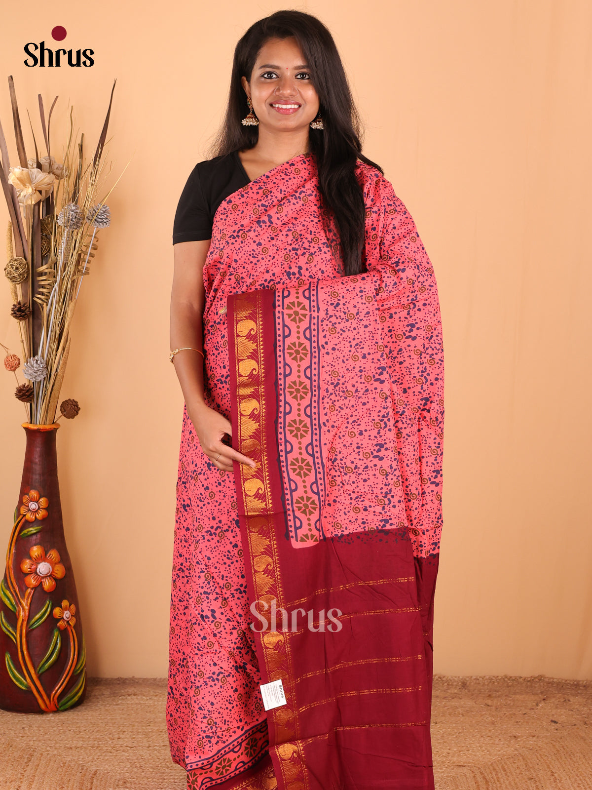 Pink with Maroon - DDS15308 - Sungudi Cotton Saree - Shop on Shrus.com