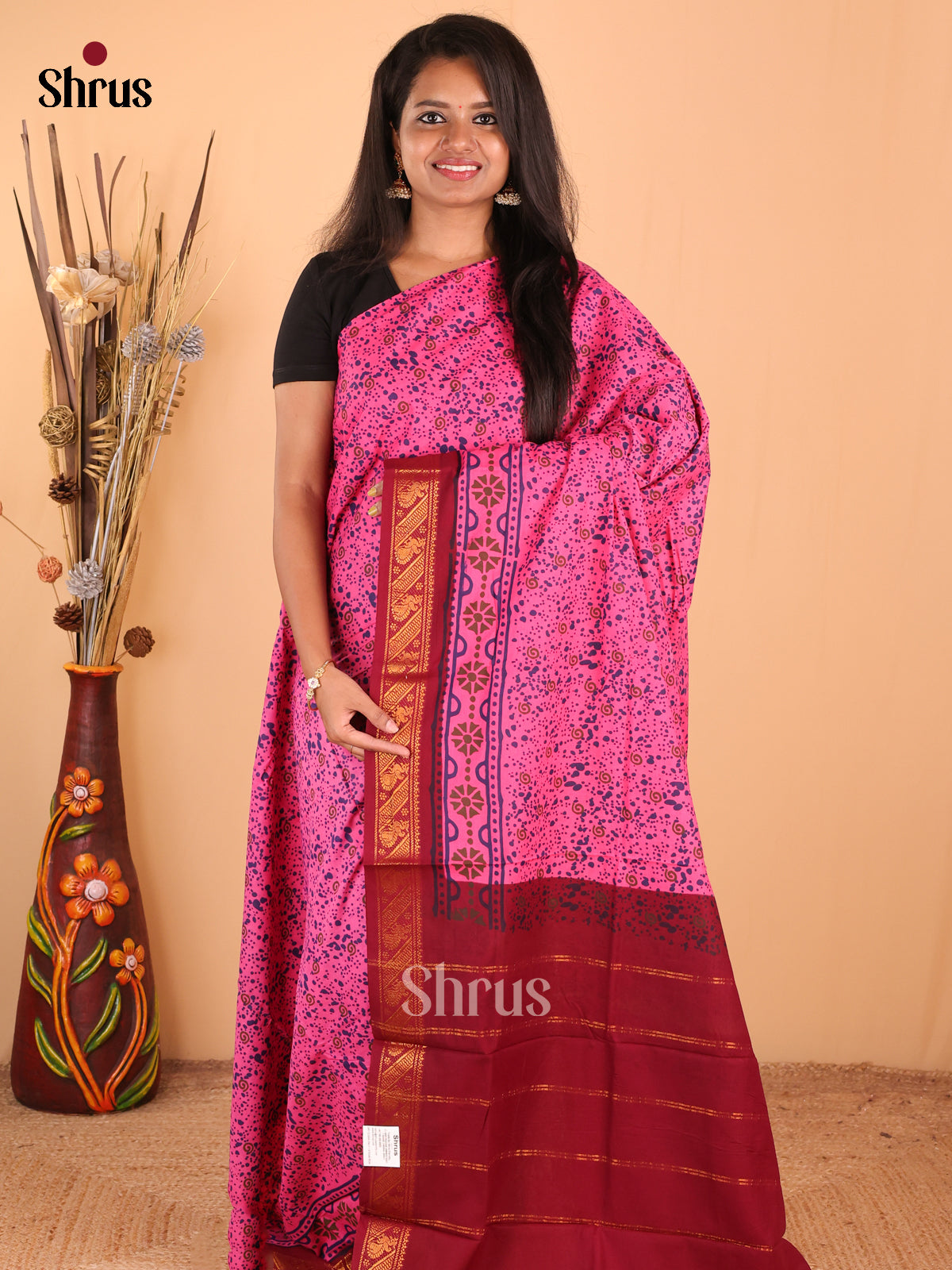 Pink with Maroon - DDS15310 - Sungudi Cotton Saree - Shop on Shrus.com