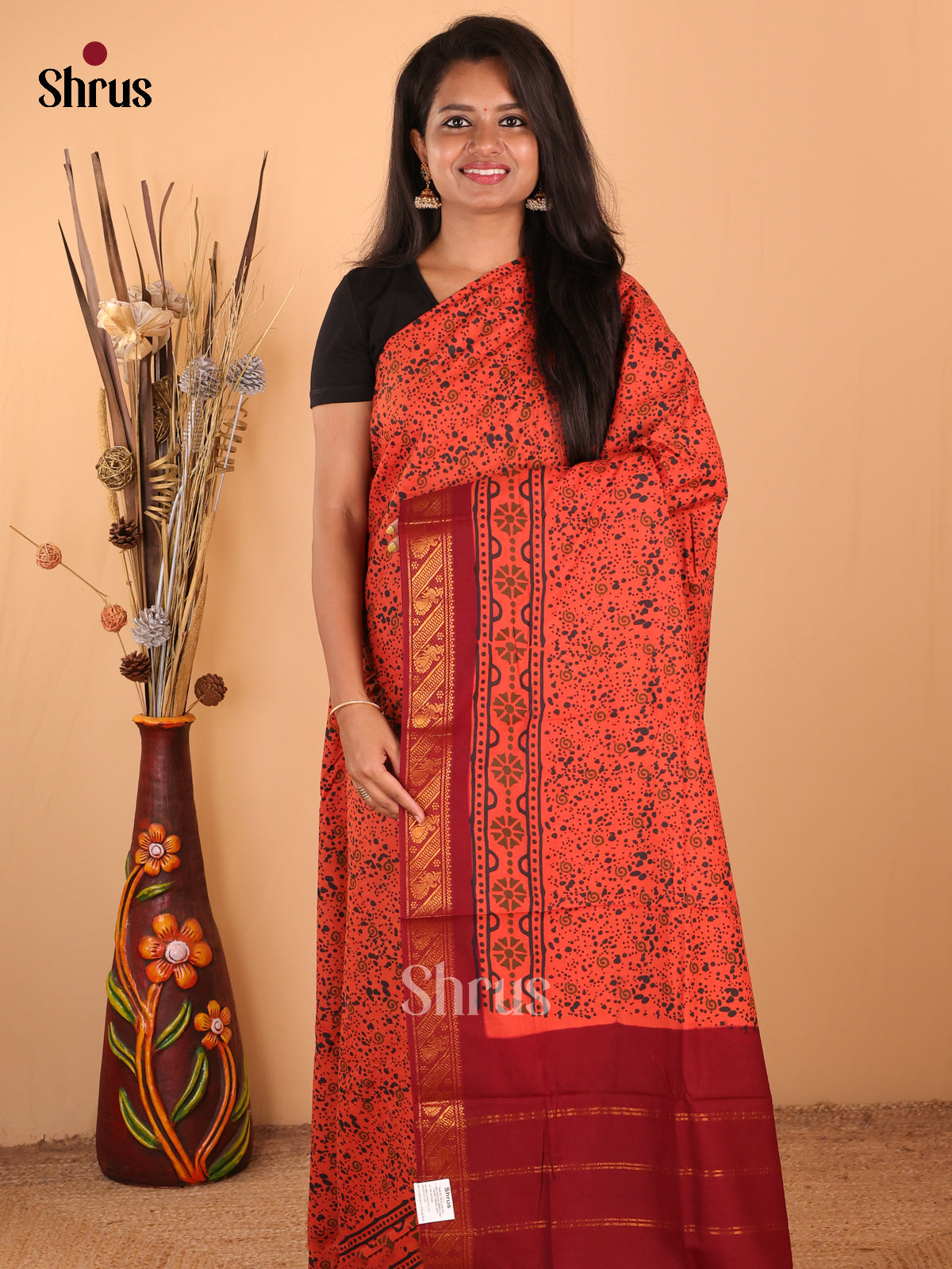 Orange with Maroon - DDS15311 - Sungudi Cotton Saree - Shop on Shrus.com