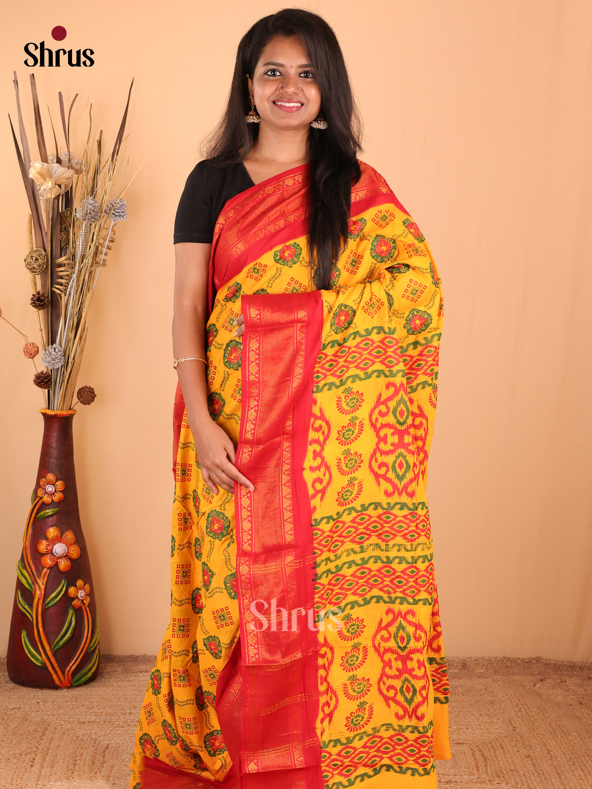 Yellow With Red - DDS15330 - Sungudi Cotton Saree - Shop on Shrus.com