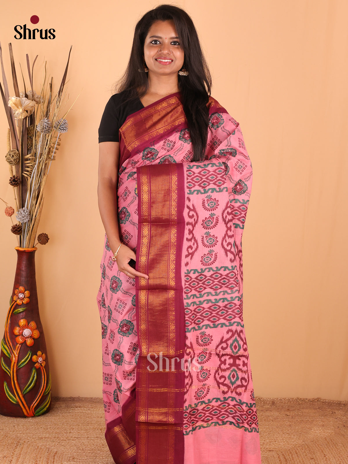 Pink with Maroon - DDS15333 - Sungudi Cotton Saree - Shop on Shrus.com