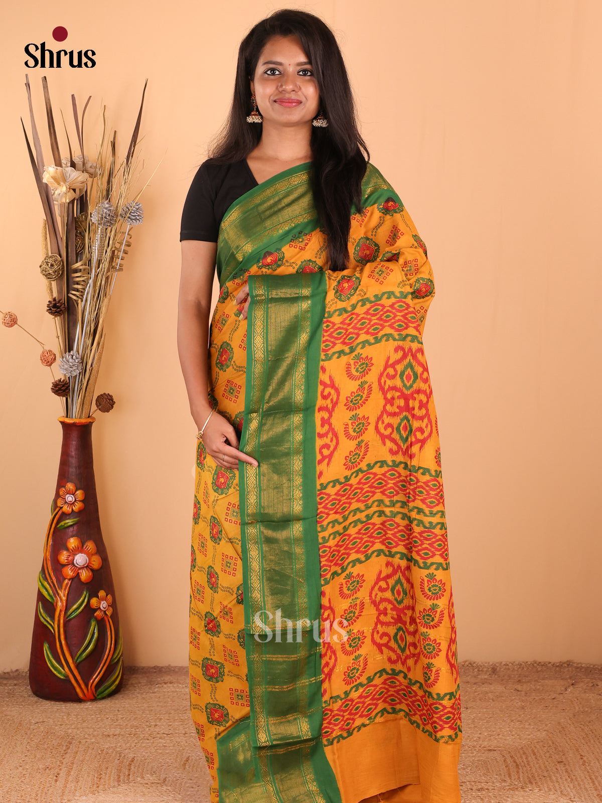 Mustard with Green - DDS15334 - Sungudi Cotton Saree - Shop on Shrus.com