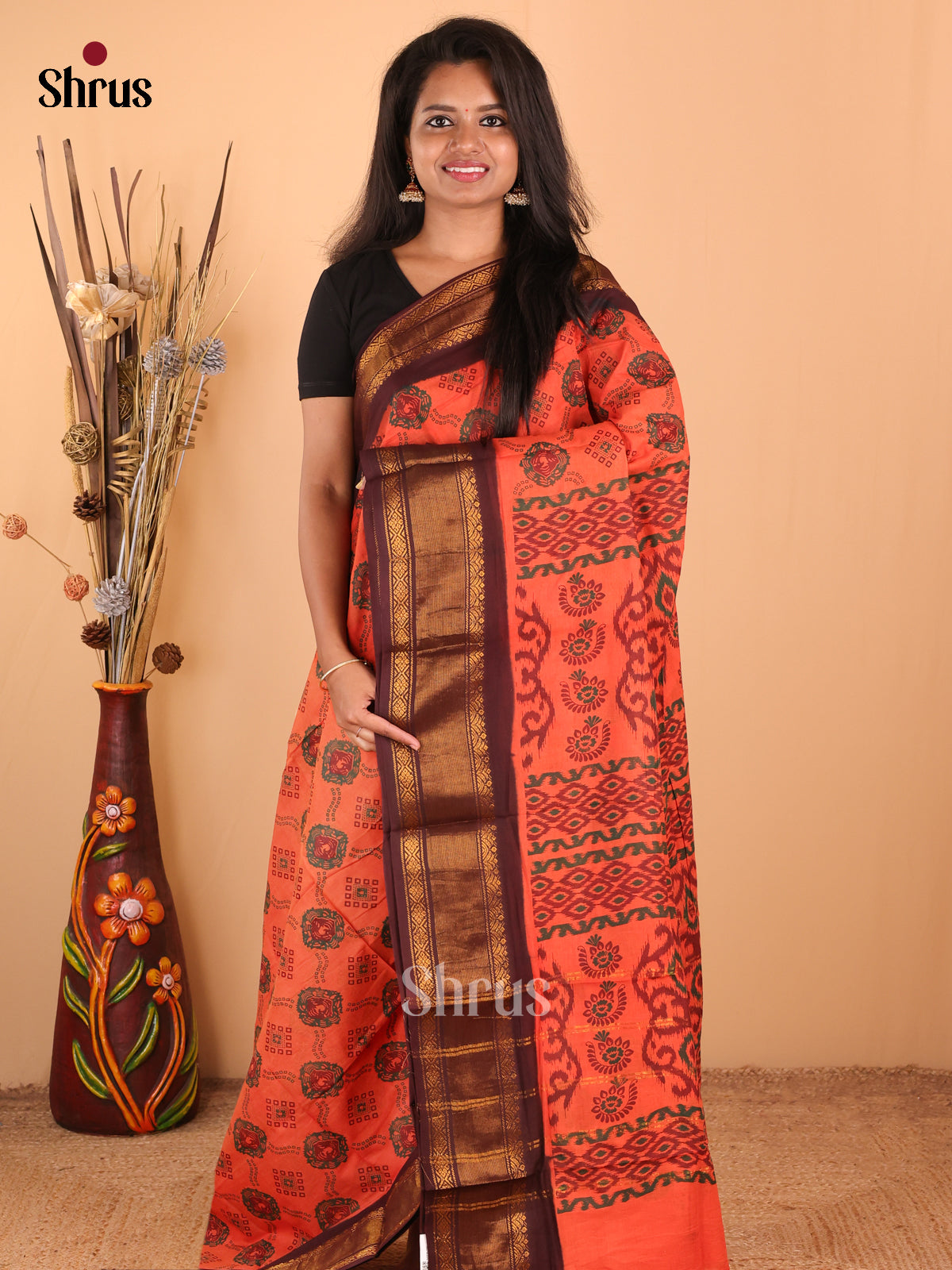 Orange with Brown - DDS15335 - Sungudi Cotton Saree - Shop on Shrus.com