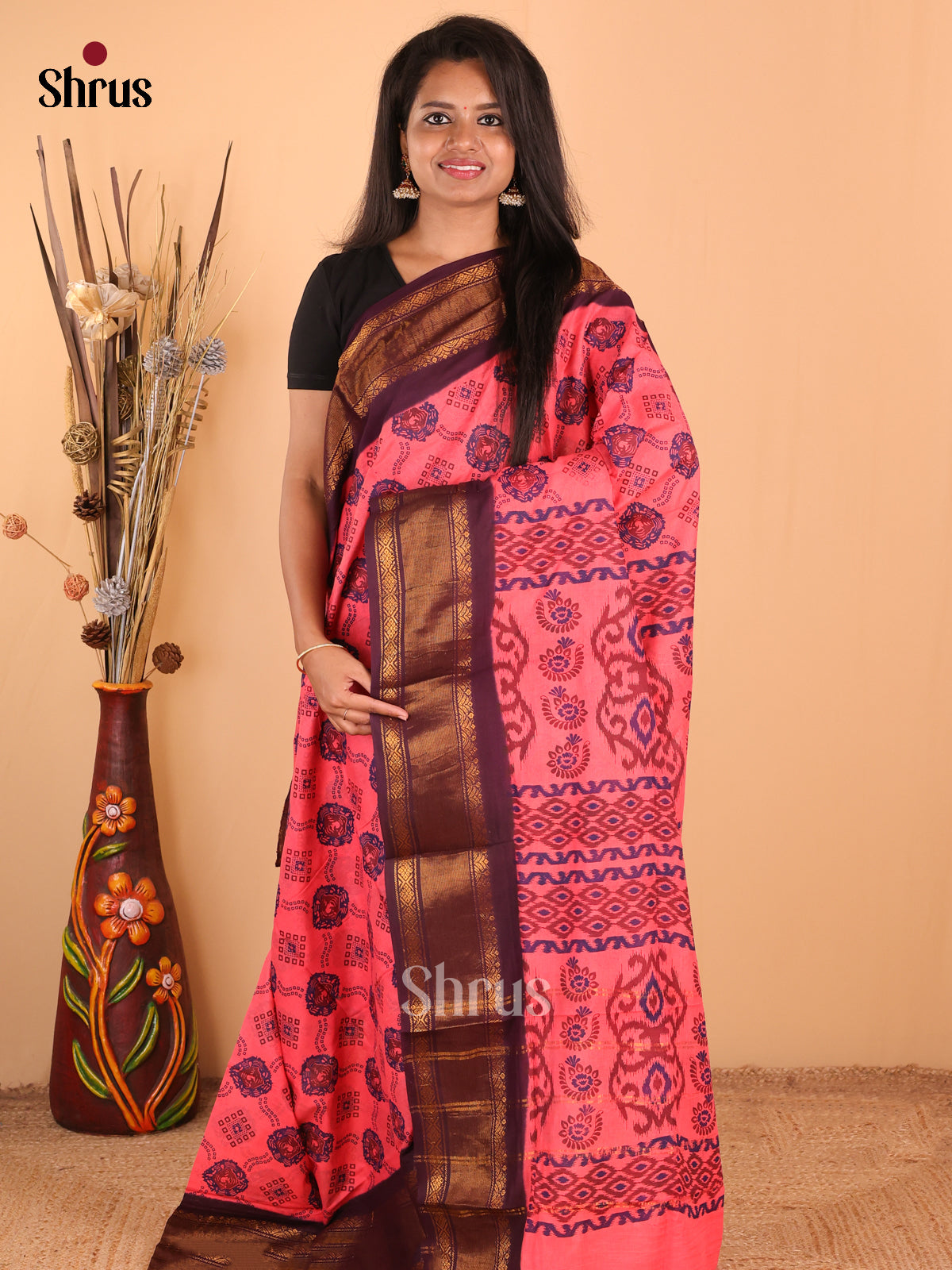 Pink with Purple - DDS15338 - Sungudi Cotton Saree - Shop on Shrus.com